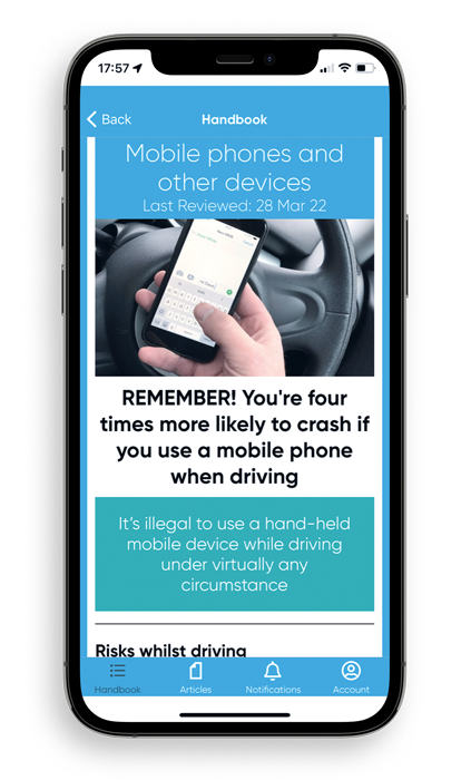 phone showing the driver handbook mobile training