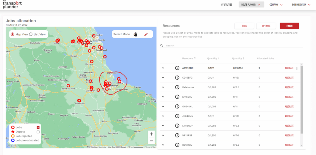 Example screen of the planning tool