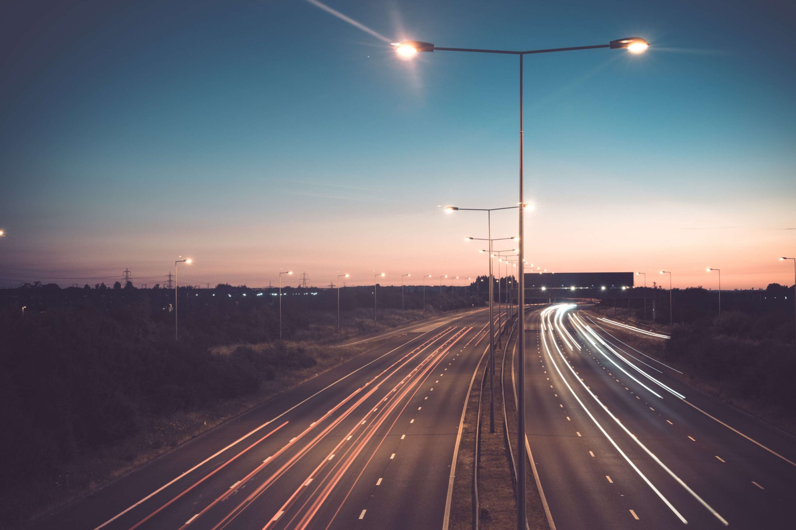 Motorway at night with extended exposure of vehicle lights